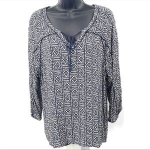 Lucky Brand x John Robshaw Navy & White Boho Print Blouse – Size XL Officewear